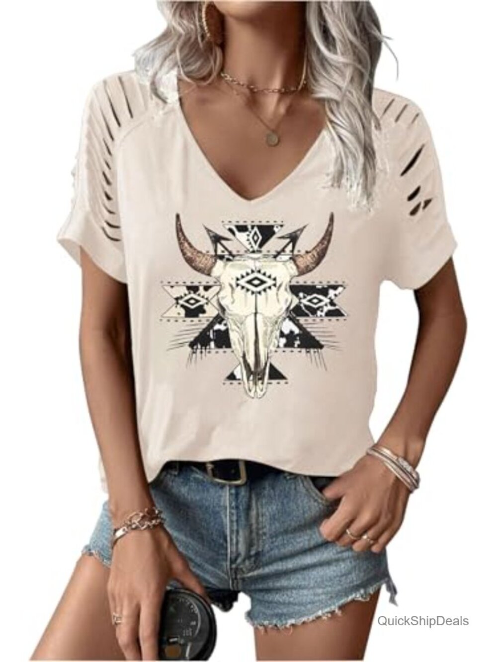 Women's Cut Out V Neck Graphic Tee Cold Shoulder Summer Top
